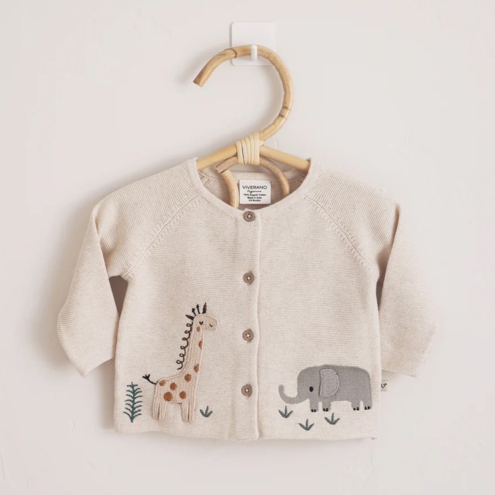 Viverano Organics natural baby cardigan sweater with giraffe and elephant 3-6m